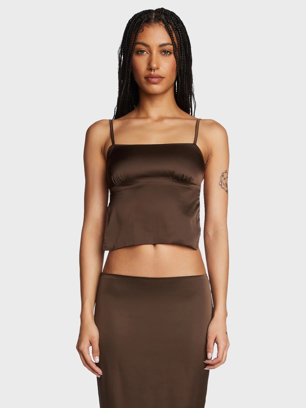 EDIKTED Satin Open Back Top- Brown